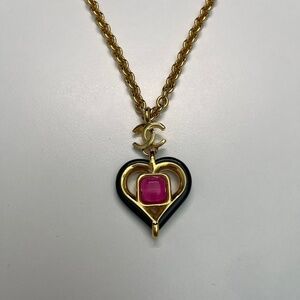 NEW Chanel CC Heart Charm Necklace Black Pink Enamel Gold Tone w/receipt 23C